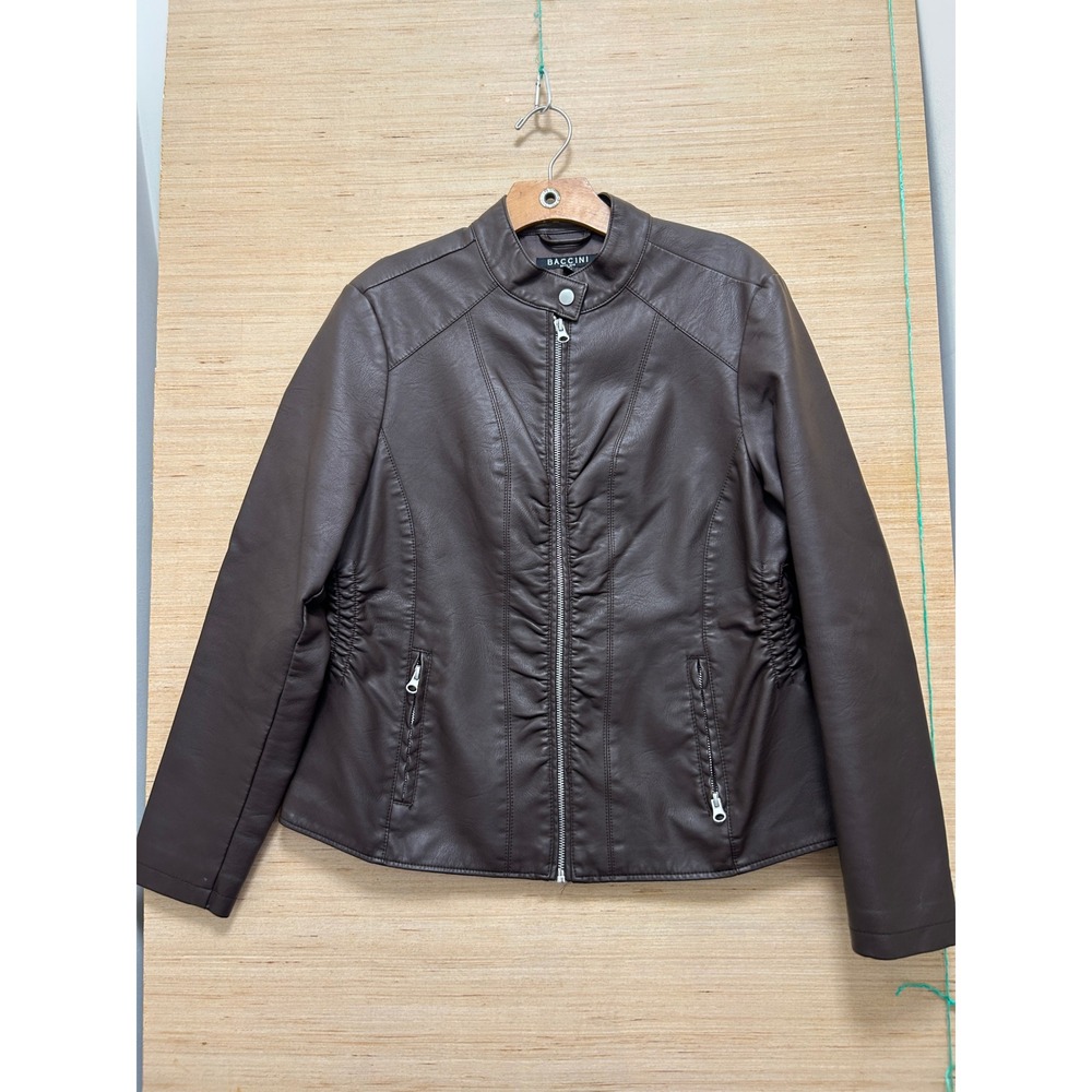 Baccini Brown Faux Leather Moto Jacket Ruched Zip Front Cafe Racer Womens Large